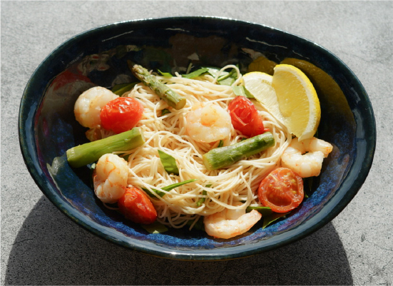 Warm Somen with Prawns and Asparagus
